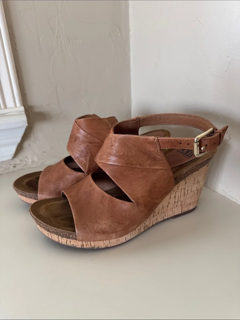 Sofft Tan Brown Leather Cork Wedge Sandals